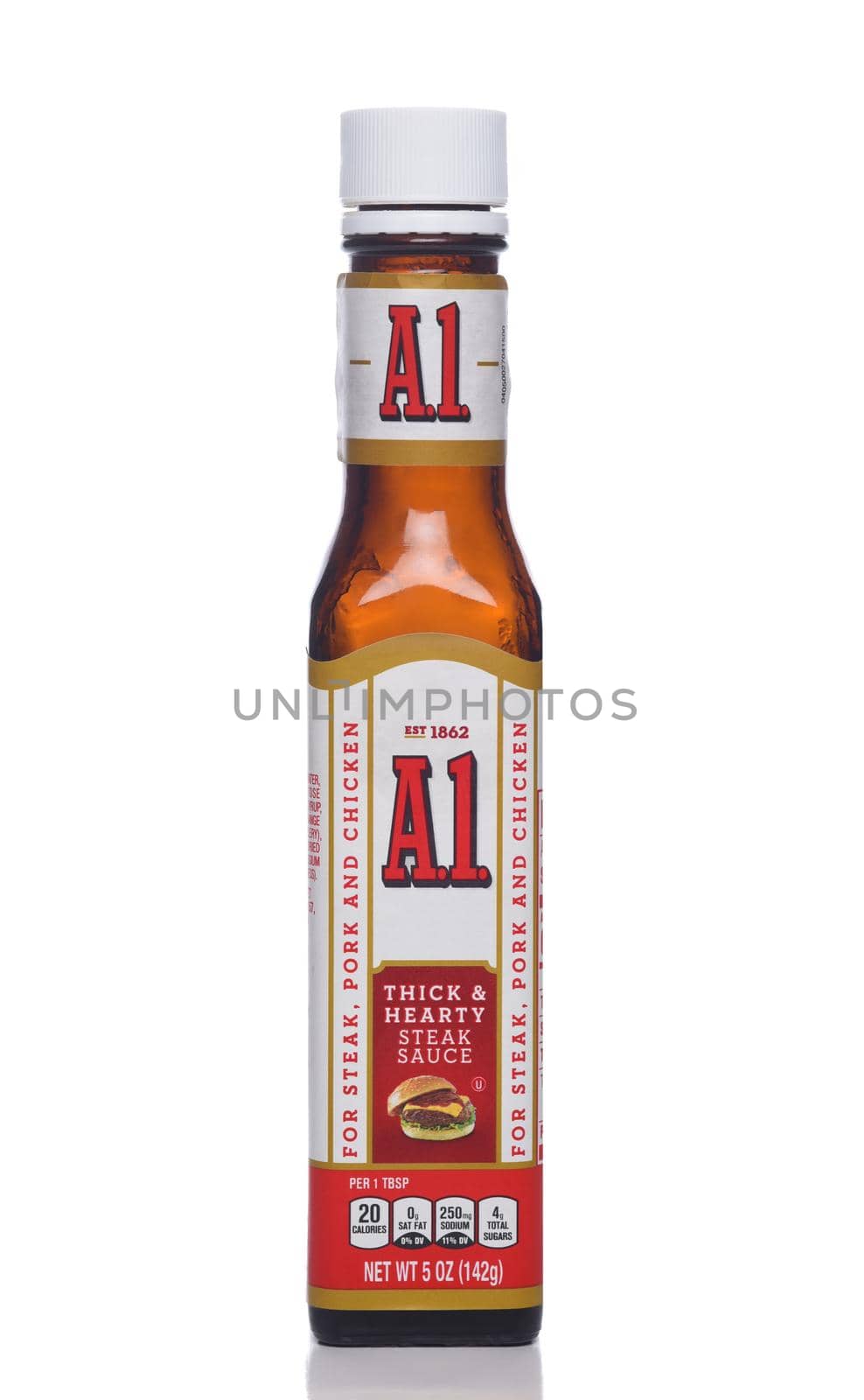IRVINE, CALIFORNIA - 12 NOV 2020: A bottle of A1 Thick and Hearty Steak Sauce. 