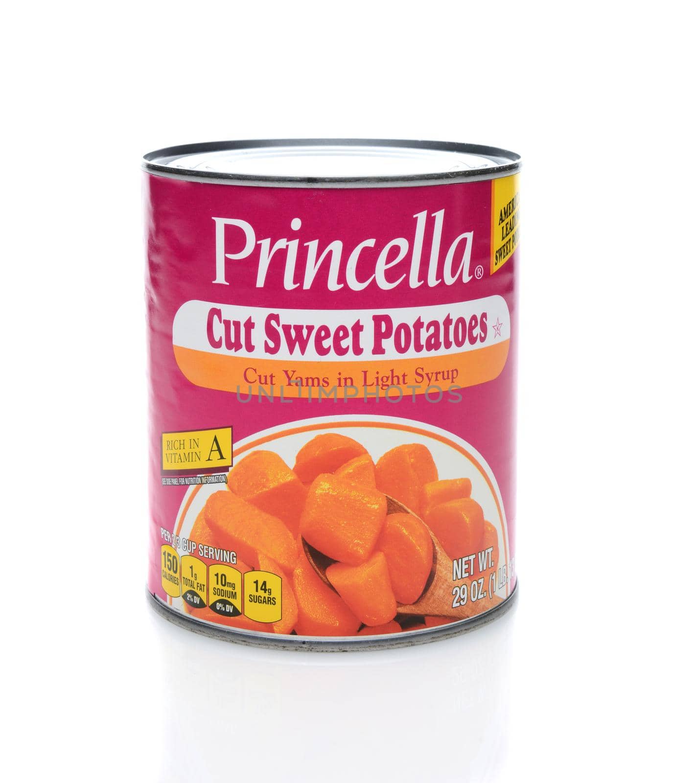 IRVINE, CA - NOVEMBER 8, 2014: A 29 ounce can of Princella Cut Sweet Potatoes. Candied yams are a traditional side dish served at American Thanksgiving Feasts.