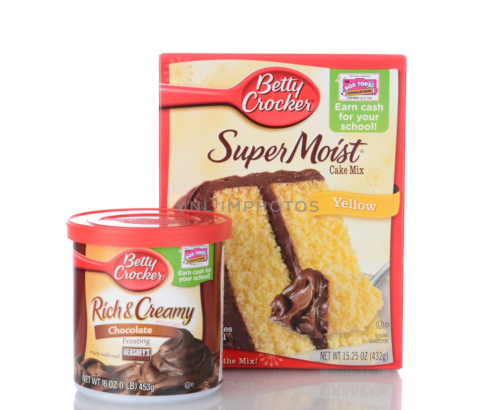 IRVINE, CA - January 05, 2014: Betty Crocker Super Moist Cake Mix and Frosting. One box of Yellow Cake Mix and a can of ready to spread Rich & Creamy Chocolate Frosting.