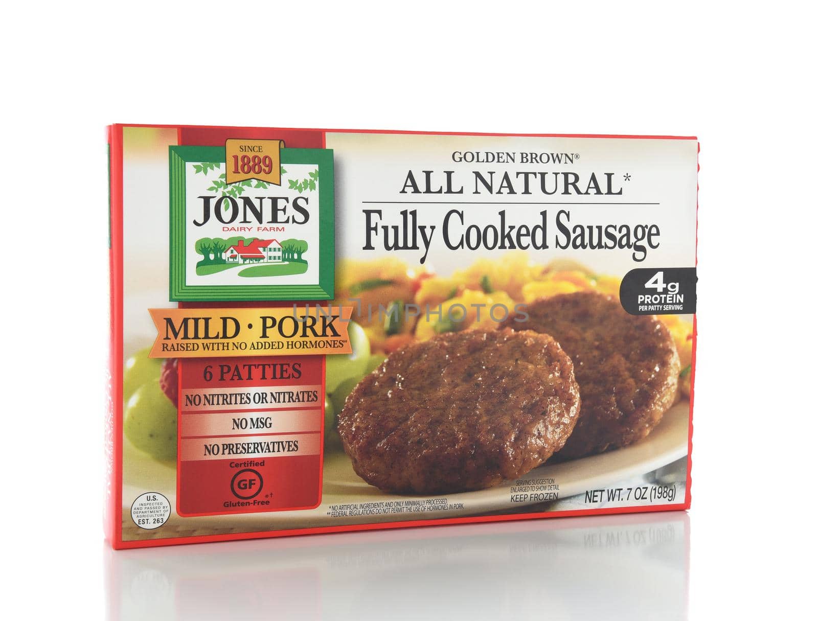 IRVINE, CALIFORNIA - NOVEMBER 16, 2016: A package of Jones Sausage. The frozen patties are fully cooked and all natural. 