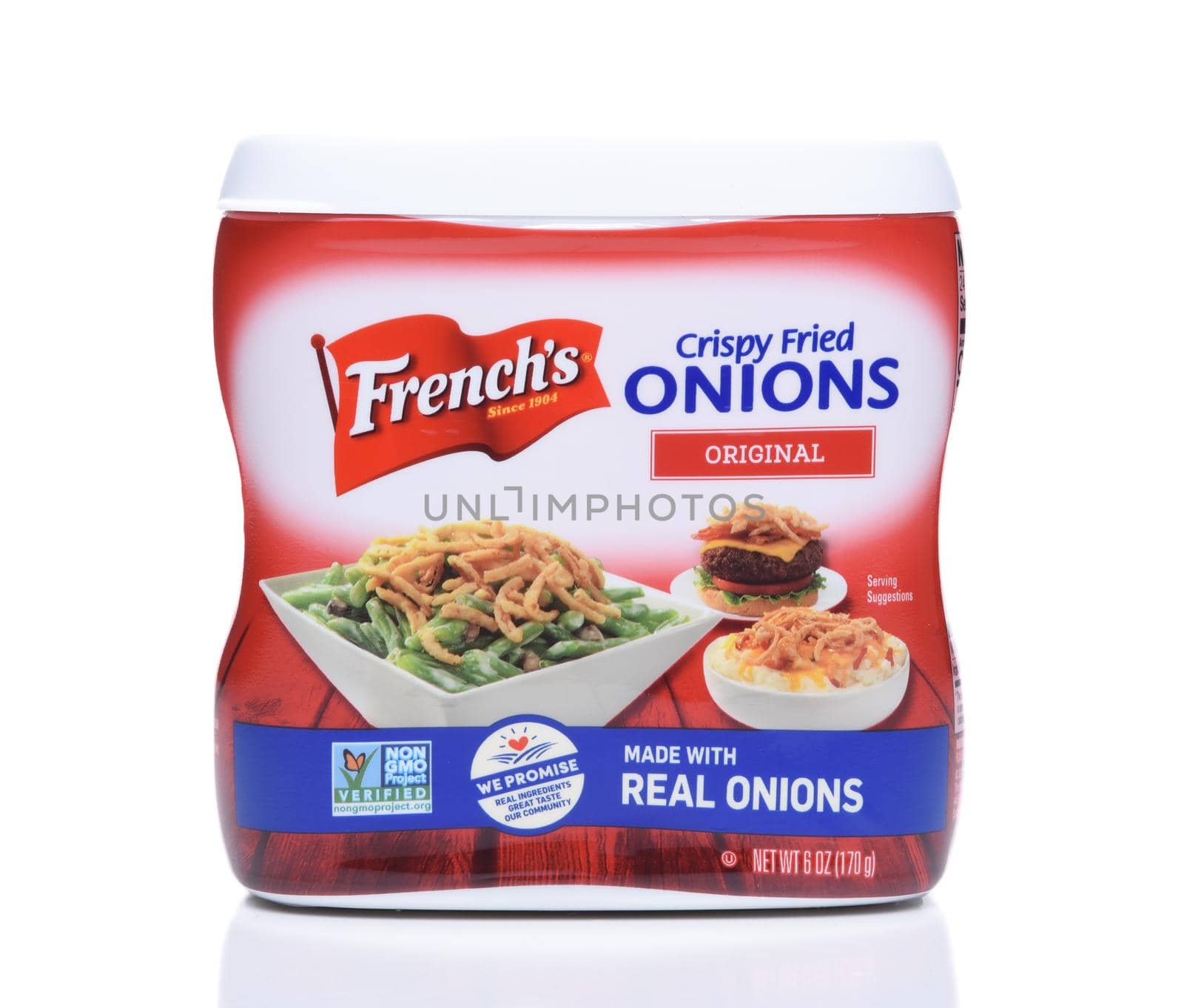 IRVINE, CALIFORNIA - DEC 4, 2018: Frenchs Crispy Fried Onions. The topping is popular in casseroles, salads, burgers and soups.