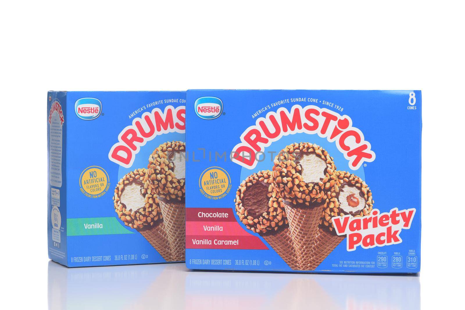 IRVINE, CALIFORNIA - 28 MAY 2021: Two 8 pack boxes of Nestle Drumstick Ice Cream treats, Original Vanilla and Variety Pack.