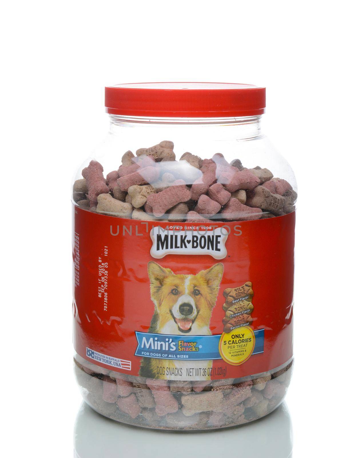 IRVINE, CALIFORNIA - JANUARY 4, 2018: Jar of Milk Bone Minis. Milk-Bone is a brand of dog biscuit, created in 1908. The mini treats contain only 5 calories.