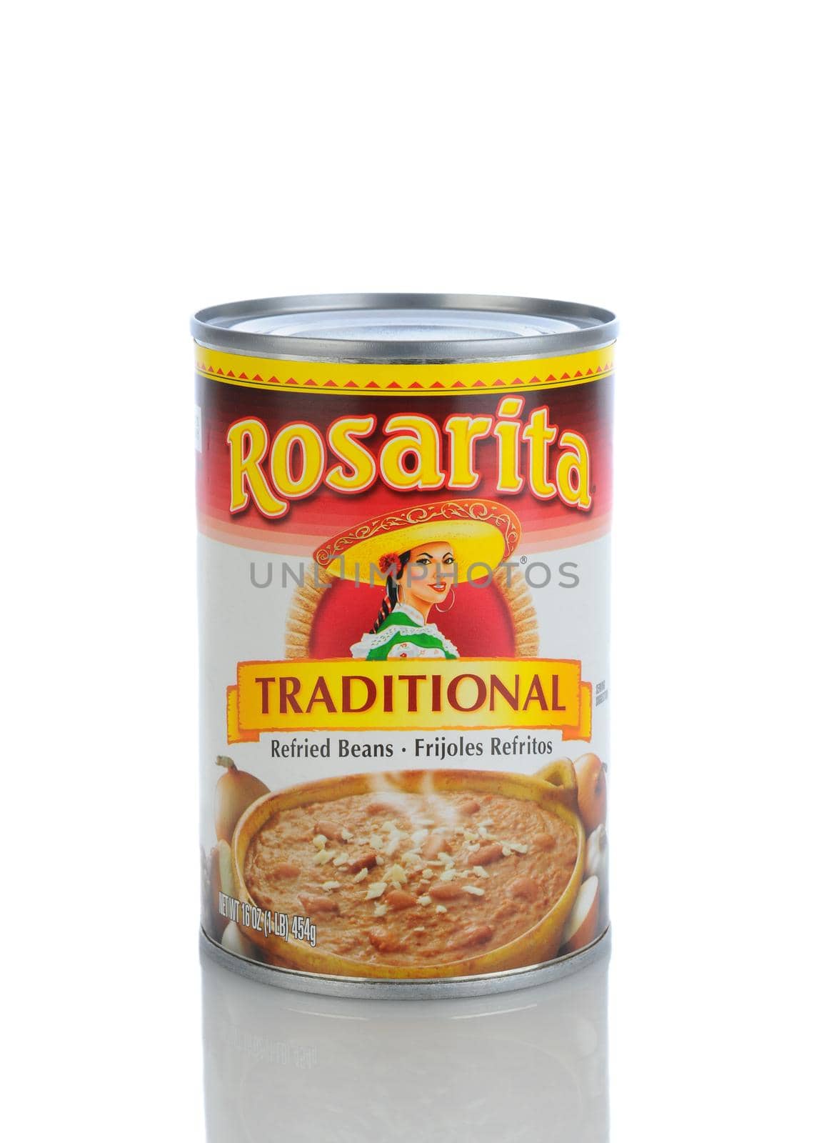 IRVINE, CA - January 11, 2013: A 16 oz. can of Rosarita Traditional Refried Beans. Rosita Mexican Food Products was founded in the 1940s, by Pedro Guerrero of Arizona.