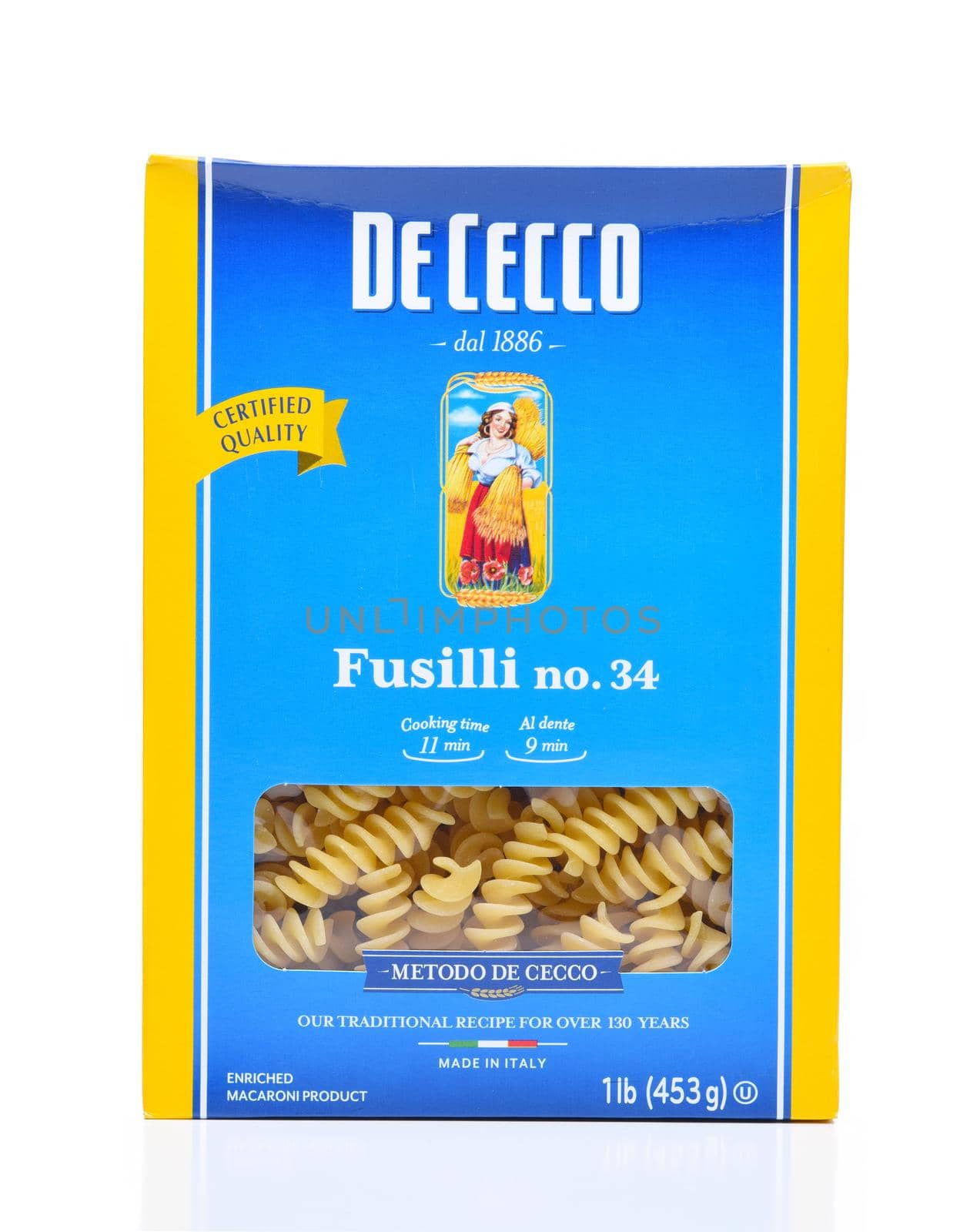 IRVINE, CALIFORNIA - DEC 4, 2018: A box of De Cecco Fusilli Pasta.  De Cecco is an Italian company producing dried pasta, flour and other related food products. 