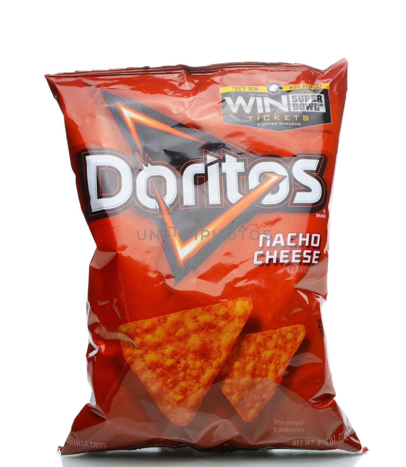 IRVINE, CALIFORNIA - JANUARY 4, 2018: Doritos Nacho Cheese Chips. Flavored tortilla chips produced since 1964 by Frito-Lay, a subsidiary of PepsiCo.