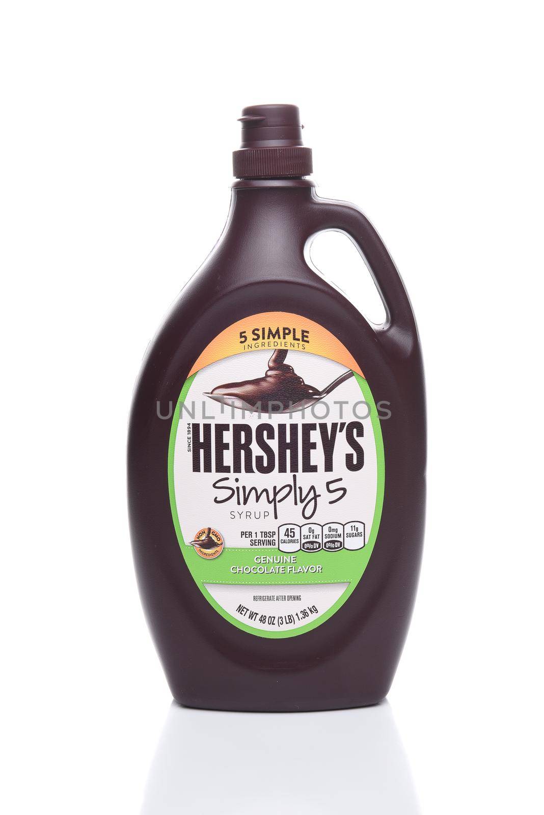 IRVINE, CALIFORNIA - AUGUST 21, 2017:  Hersheys Simply 5 Syrup. Hersheys new replacement for their traditional Chocolate Syrup with all Non-GMO ingredients.