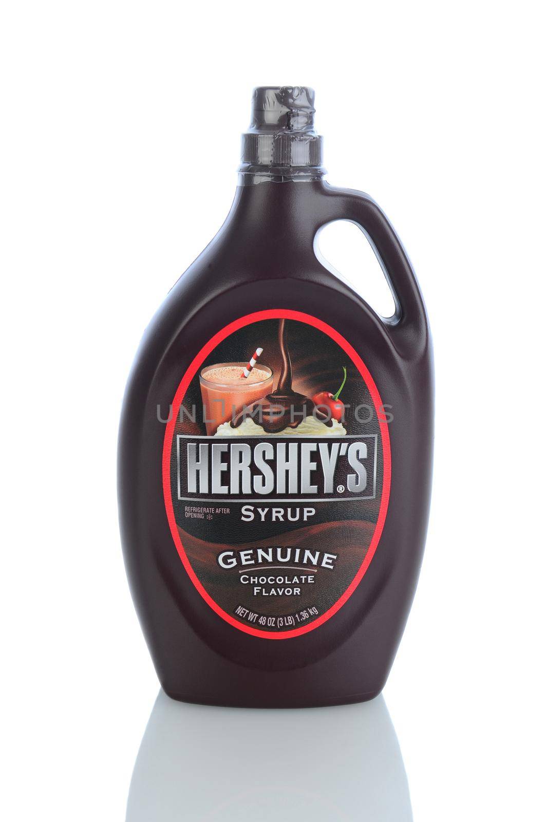 IRVINE, CA - January 11, 2013: A 48 ounce bottle of Hersheys Chocolate Syrup. The Hershey Company is the largest chocolate manufacturer in North America.