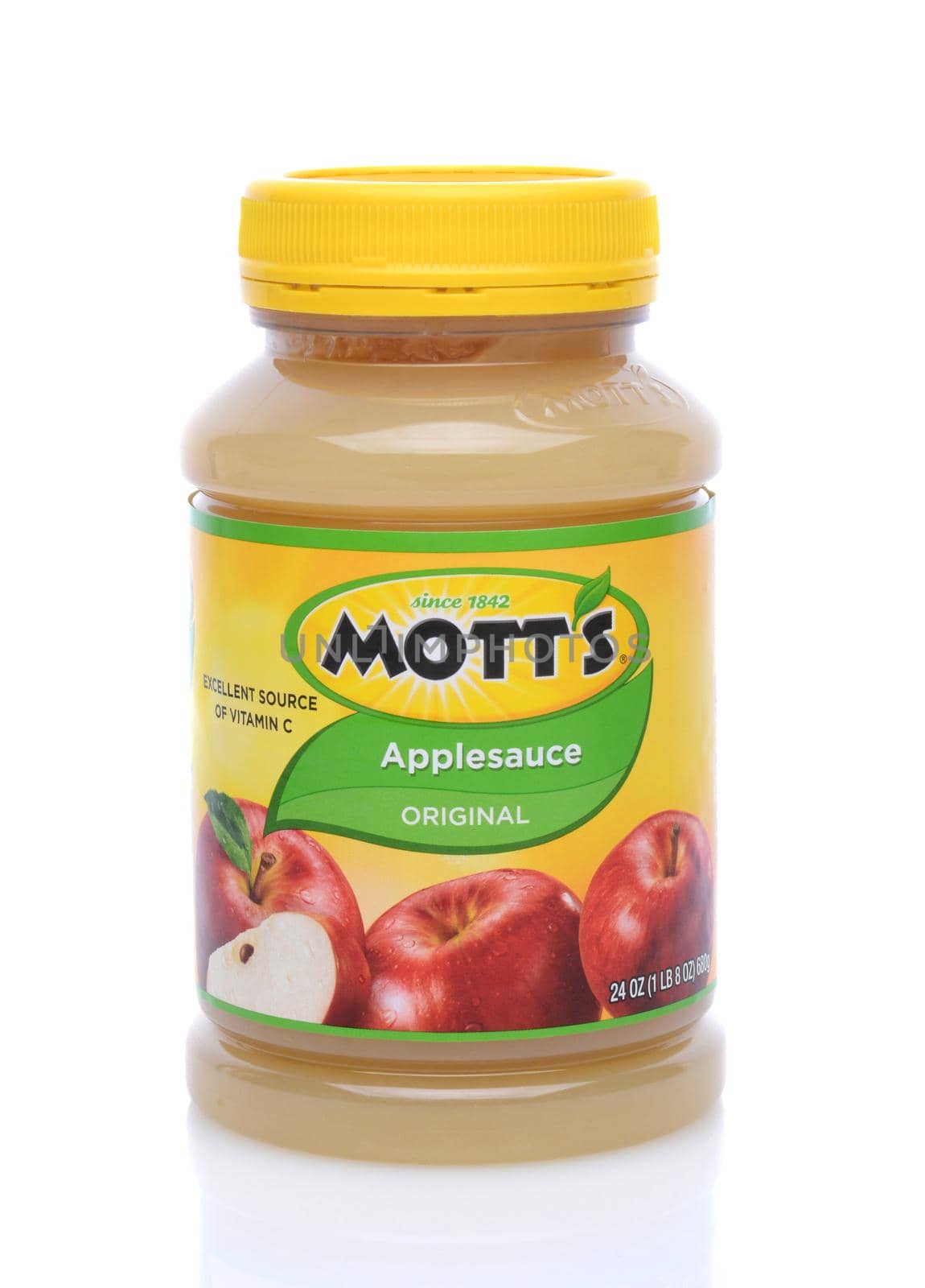 IRVINE, CA - May 14, 2014: A 24 ounce jar of Motts Original Apple Sauce. Founded in 1842 by Samuel R. Mott they produce apple-based products, such as juices and sauces.