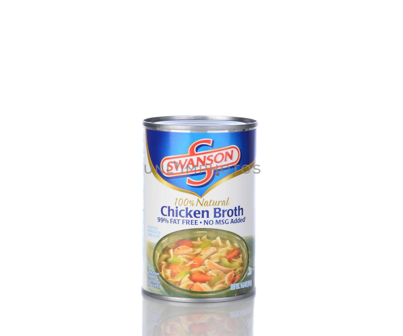 IRVINE, CA - January 05, 2014: A can of Swanson Chicken Broth. Introuduced in the early 1900's the Swanson brand is currently owned by the Campbell Soup Conpany.