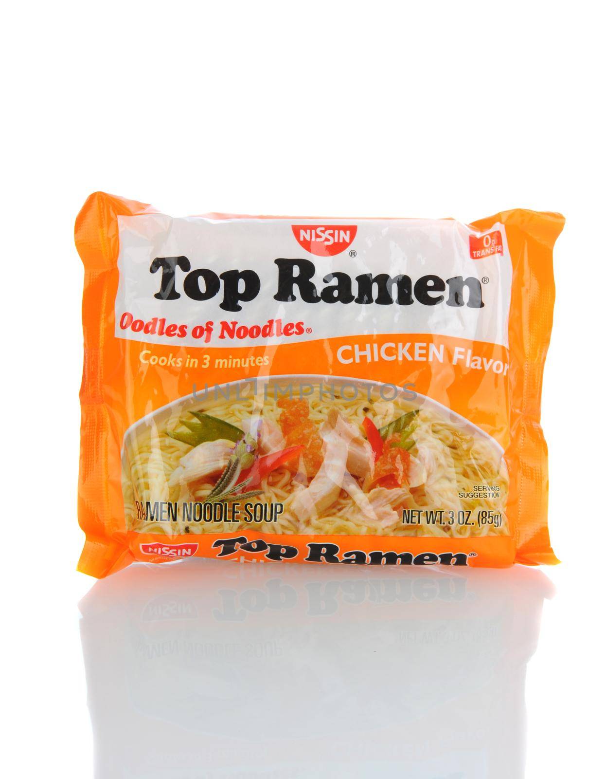 IRVINE, CA - January 21, 2013: A 3 ounce package of Top Ramen Chicken Flavor. Manufactured by Nissin Foods, Top Ramen is a favorite ramen noodle since 1970.