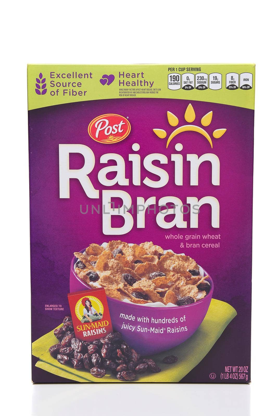 IRVINE, CALIFORNIA - MARCH 10,  2018: Post Raisin Bran cereal. A 20 ounce box of the popular cereal that is an excellent source of dietary fiber.