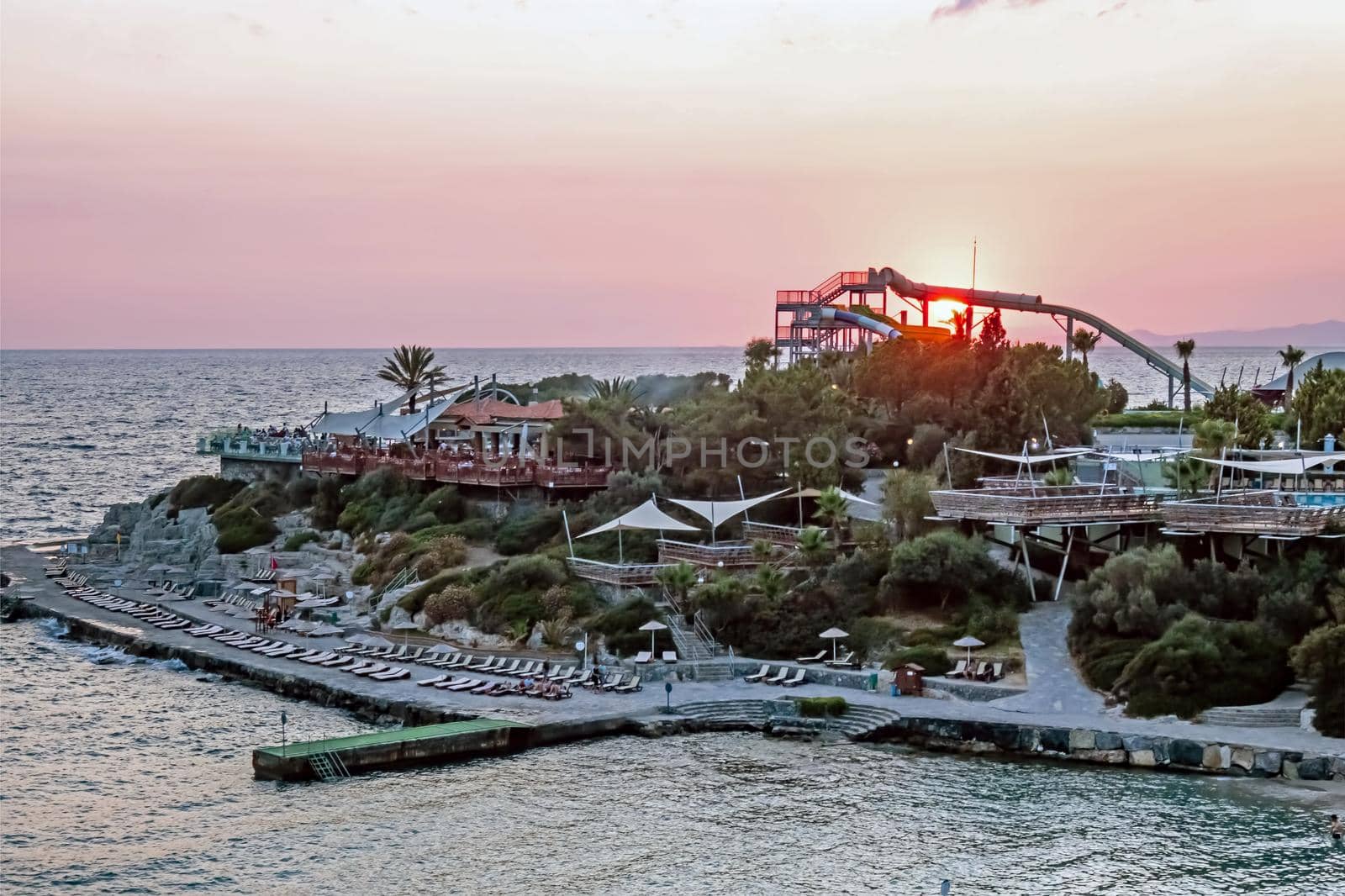 Kusadasi,Aydin,Turkey- July 25,2021.The view from Pinebay holiday village and resort in Kusadasi, in the sea and nature and summer sesason.