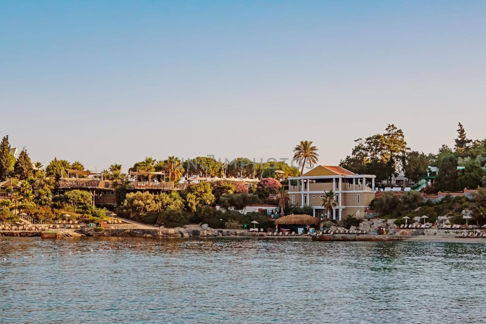 Kusadasi,Aydin,Turkey- July 25,2021.The view from Pinebay holiday village and resort in Kusadasi, in the sea and nature and summer sesason.