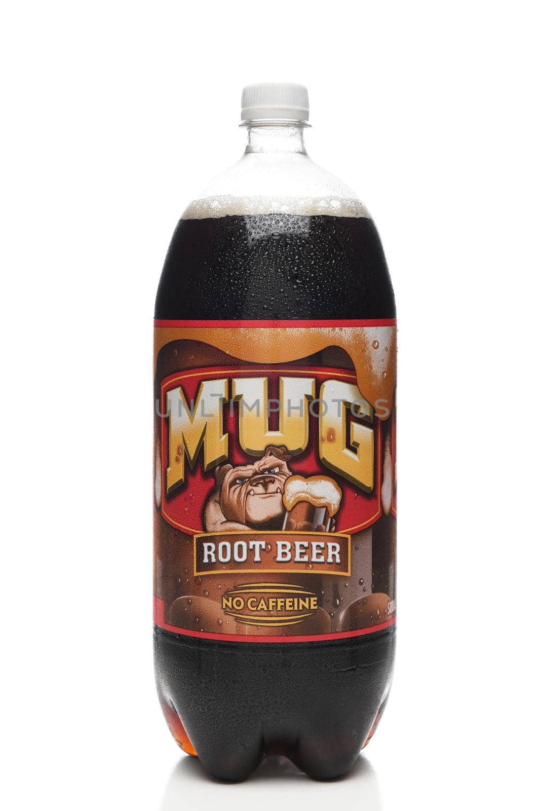 IRIVNE, CALIFORNIA - 3 JULY 2021: A 2 liter bottle of Mug Root Beer on white with reflection.  by sCukrov