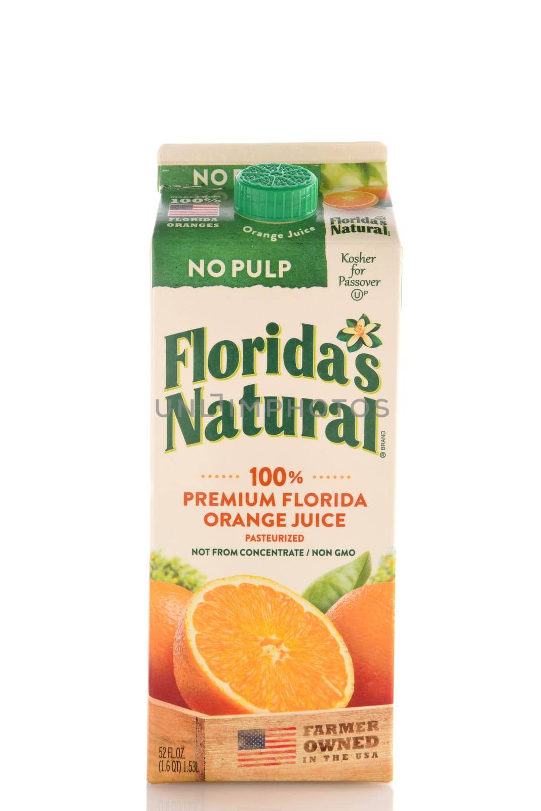 IRVINE, CALIFORNIA - MAY 6, 2019: A 52 ounce container of Floridas Natural Premium Florida Orange Juice with No Pulp.
