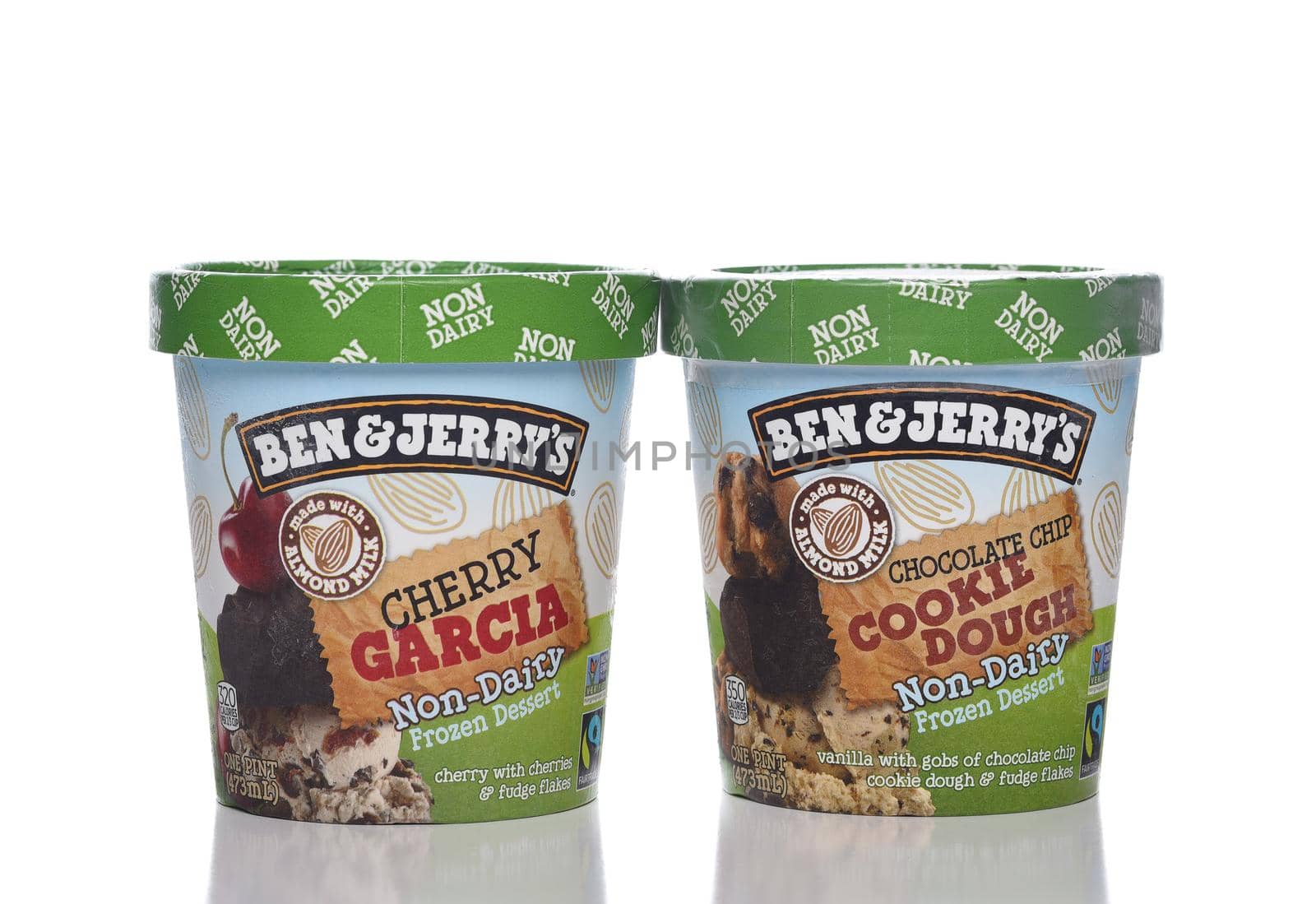 IRVINE, CALIFORNIA - 12 NOV 2020: Two Cartons of Ben and Jerrys Non-Dairy Frozen Desserts, Cookie Dough and Cherry Garcia.