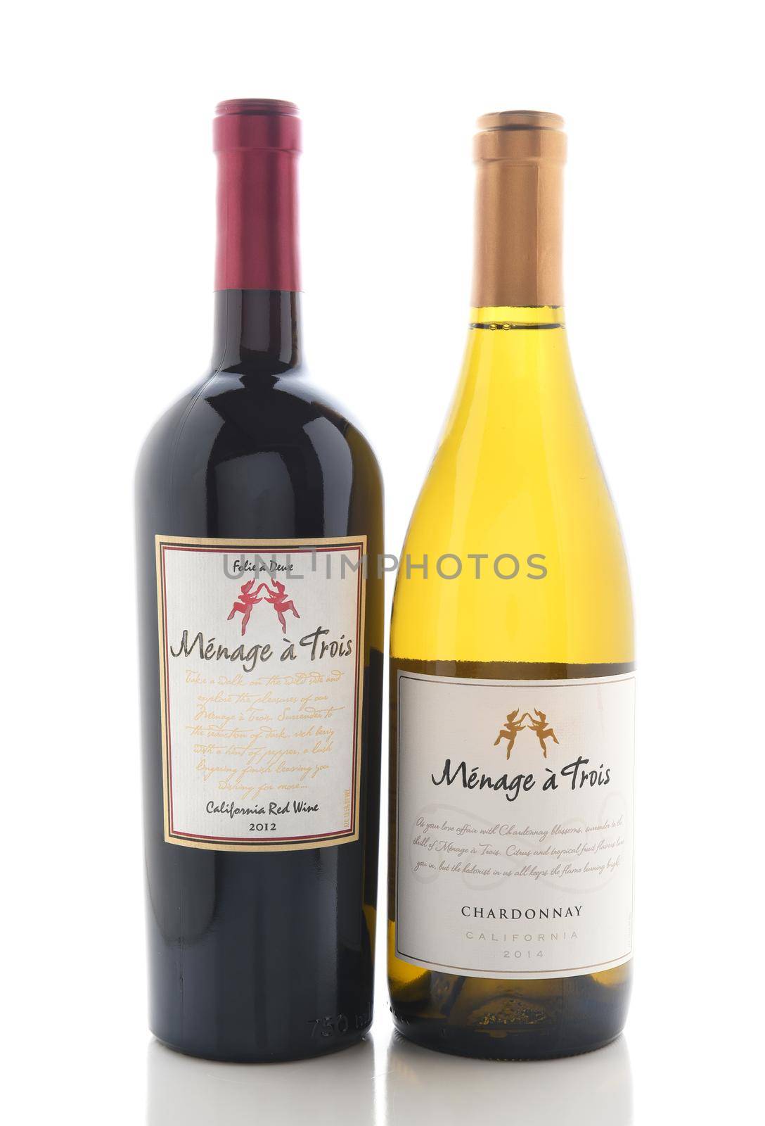 IRVINE, CALIFORNIA - NOVEMBER 16, 2016: Menage a Trois Chardonnay and Red Table Wine. Produced by the award winning winery Folie a Deux in Sonoma, California.