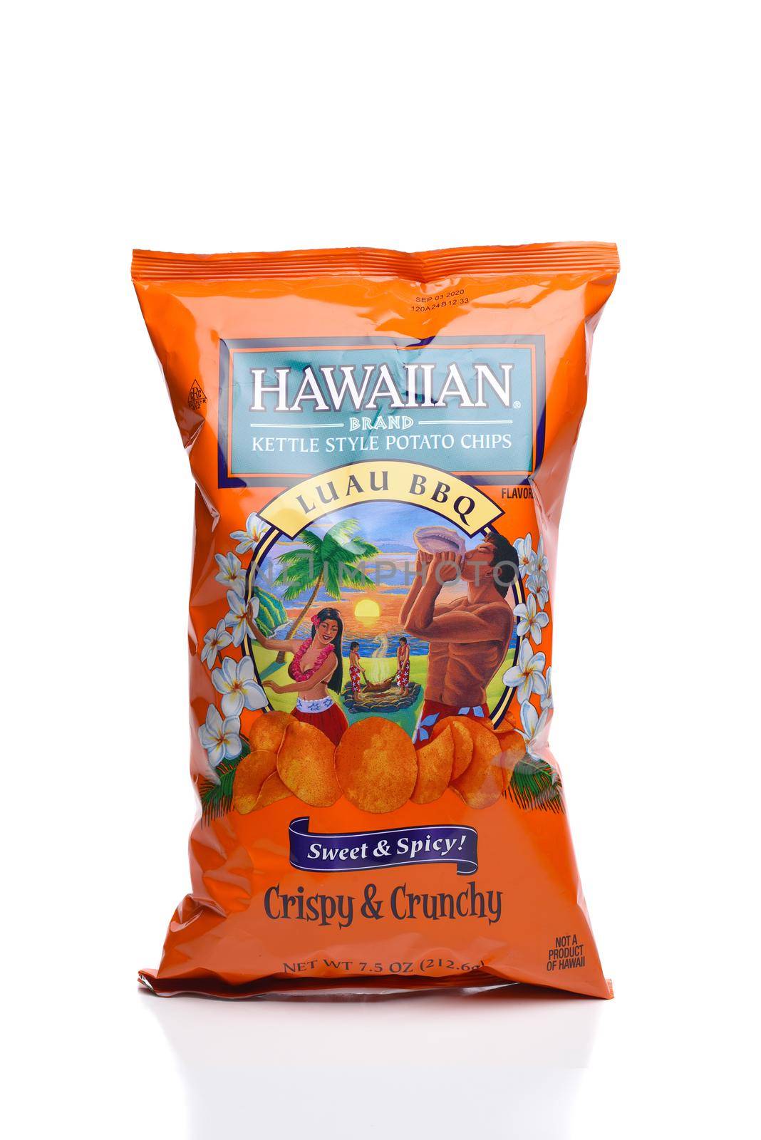 IRVINE, CALIFORNIA - 25 MAY 2020: A bag of Hawaiian Brand Kettle Style Luau BBQ Potato Chips