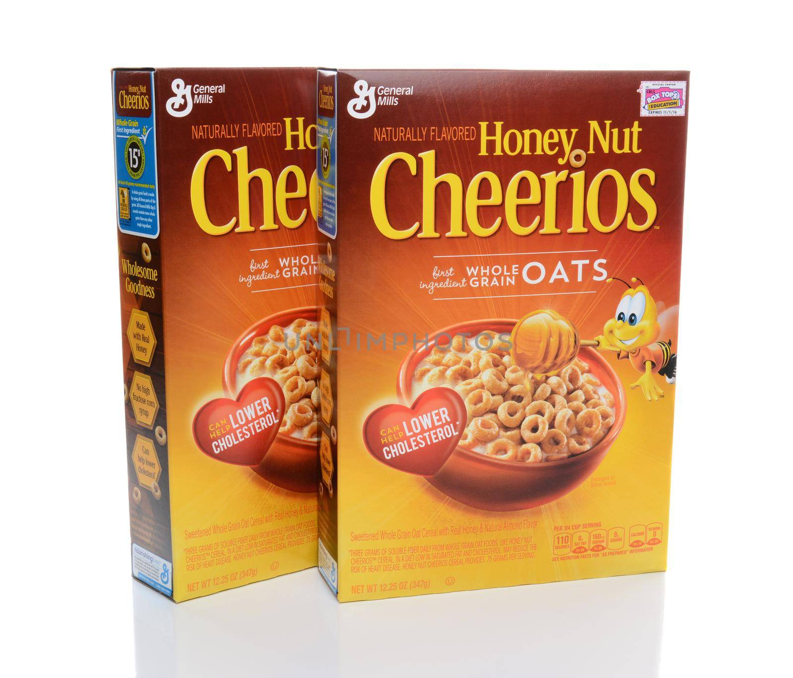 IRVINE, CA - FEBRUARY 19, 2015: Two boxes of Honey Nut Cheerios. Introduced in 1979 by General Mills it is a slightly sweeter version of the original Cheerios breakfast cereal.