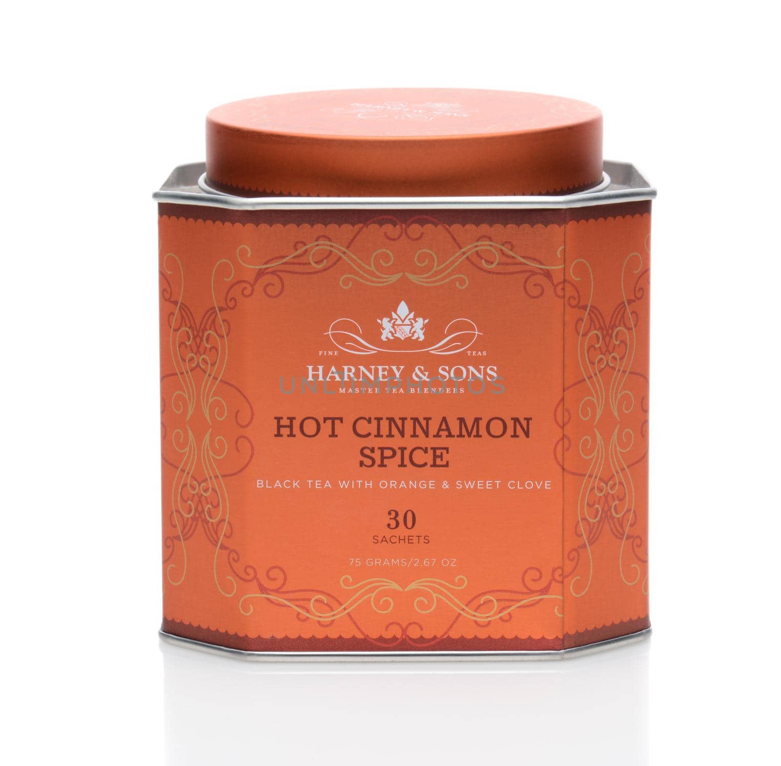 IRVINE, CA - JUNE 23, 2014: A tin of Harney & Sons Hot Cinnamon Spice Tea. John Harney, began his craft tea business out of his basement in 1983 in Salisbury, Connecticut.