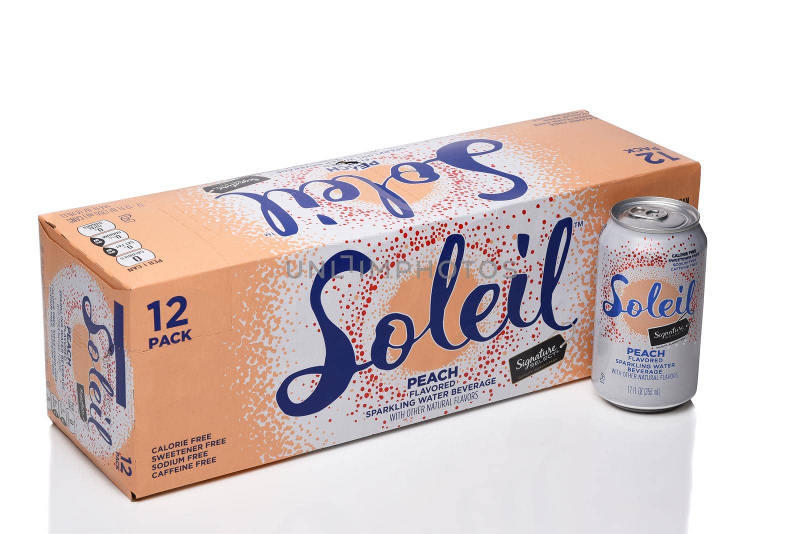 IRVINE, CALIFORNIA - 8 JUNE 2020: A 12 pack of Soleil Peach flavored Sparkling Water.  by sCukrov