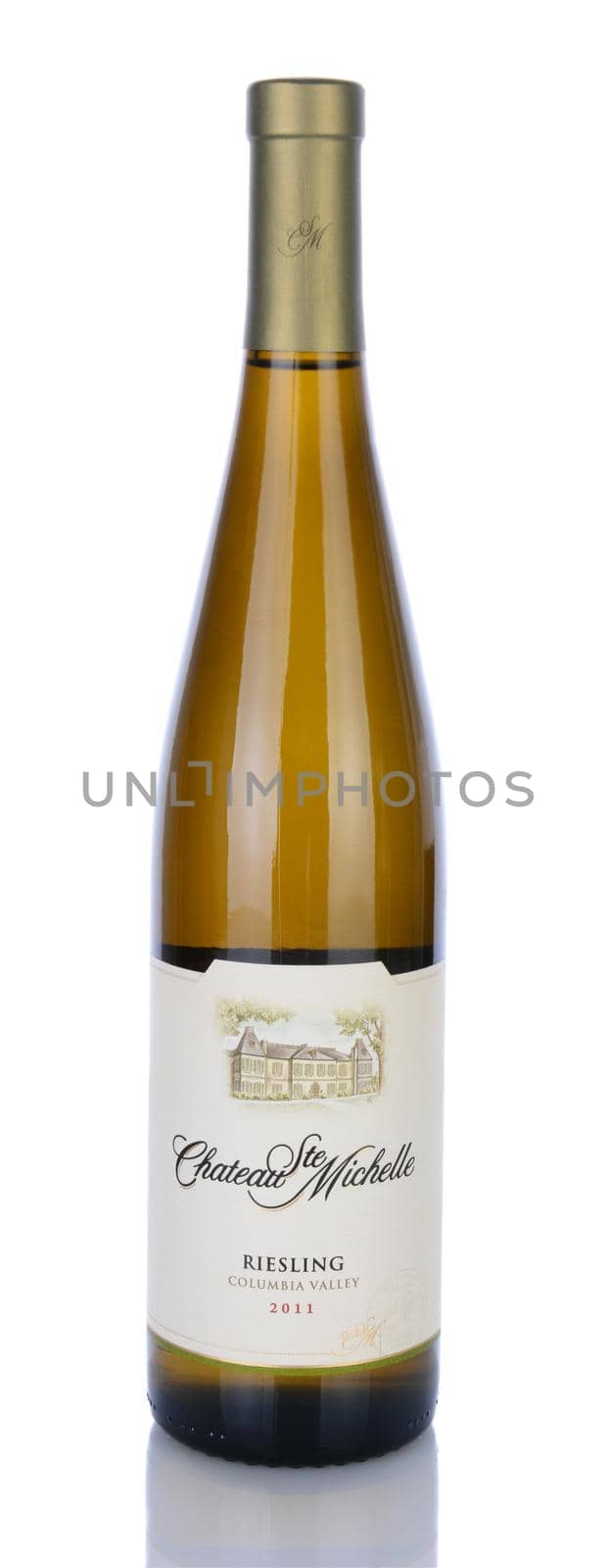 IRVINE, CA - January 29, 2014: A bottle of 2011 Chateau Ste Michelle Riesling. This award winning winery in Woodinville, Washington is the states oldest, known for Chardonnay, Merlot and Riesling.
