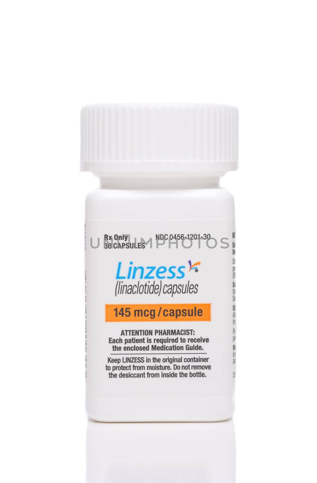 IRVINE, CALIFORNIA - 28 MAY 2021: A bottle of Linzess, linaclotide, capsules. 