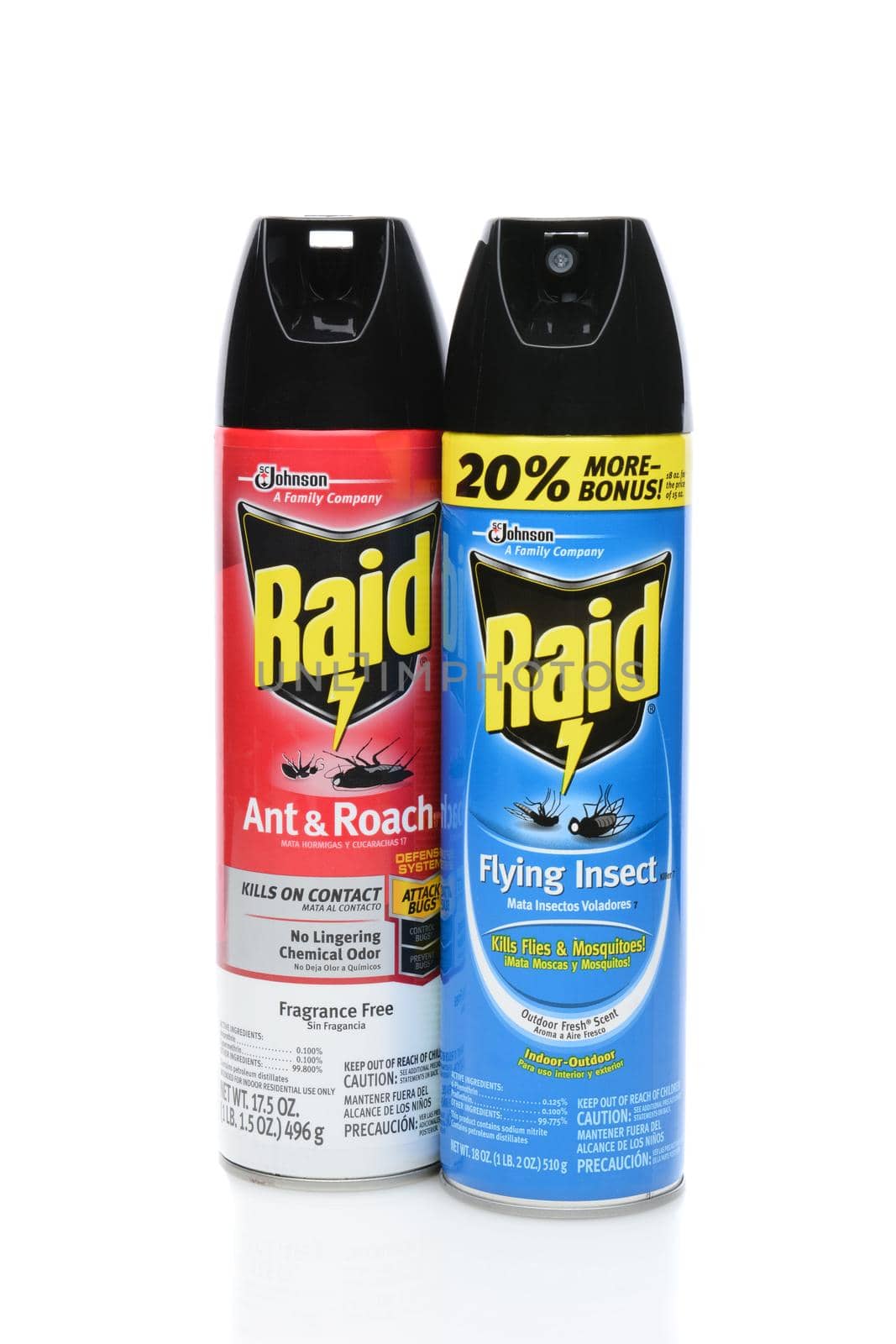 IRVINE, CA - SEPTEMBER 08, 2014: Two cans of Raid Insecticide. Raid is the brand name of a line of insecticide products produced by S. C. Johnson & Son, first launched in 1956.