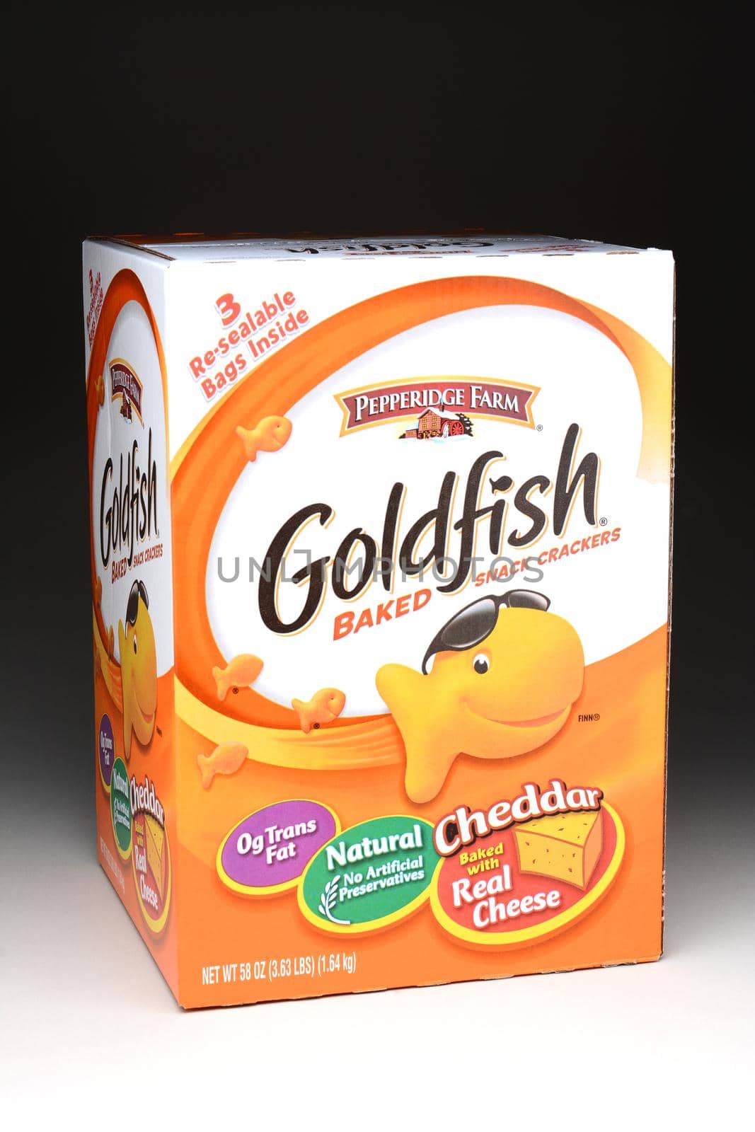 IRVINE, CA - January 21, 2013: 58 ounce box of Pepperidge Farm Goldfish snack crackers. Originally from Switzerland, Goldfish Crackers were introduced to the US in 1962.