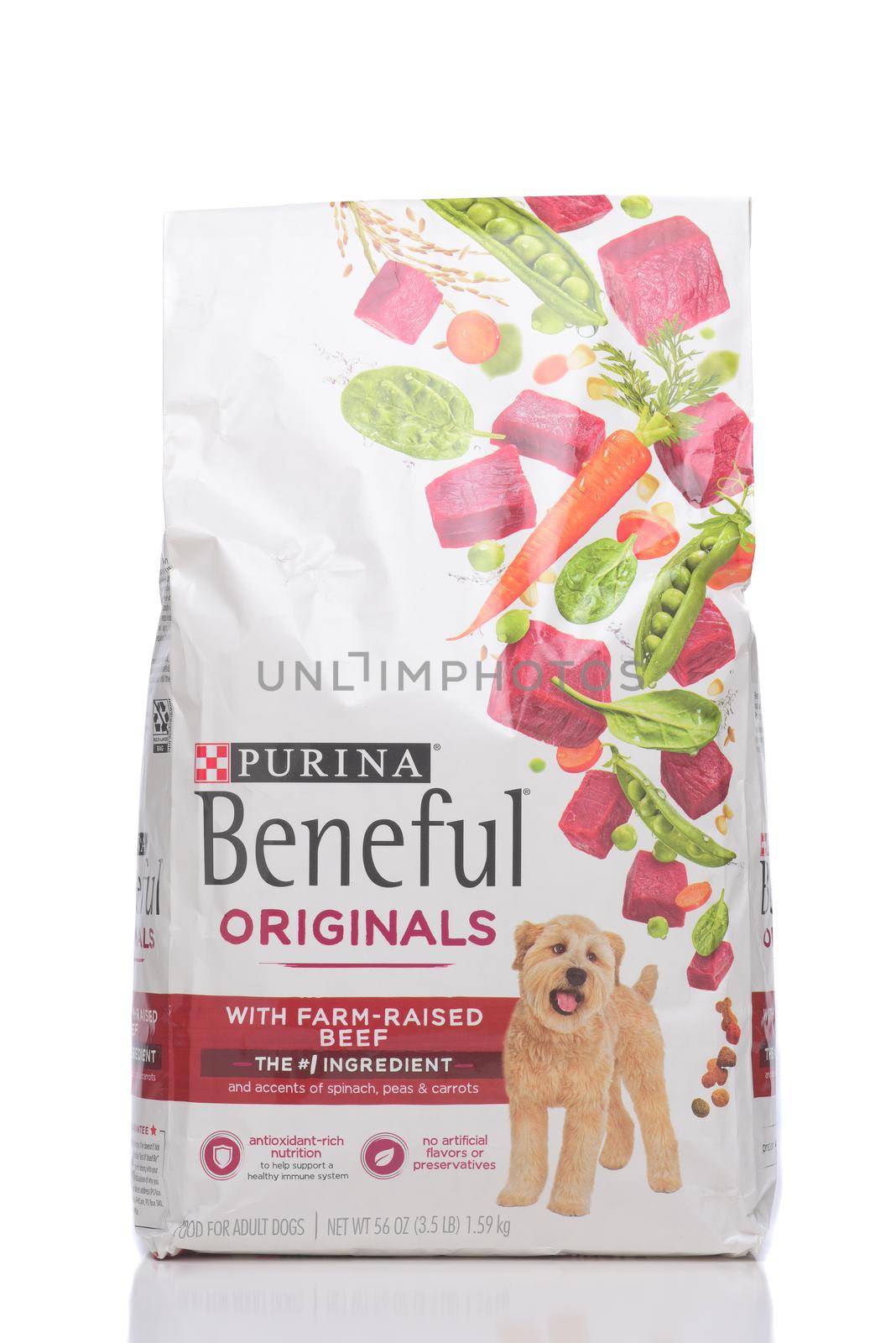IRVINE, CALIFORNIA - 28 MAY 2021: A bag of Purina Beneful originals Beef Flavor dog food.