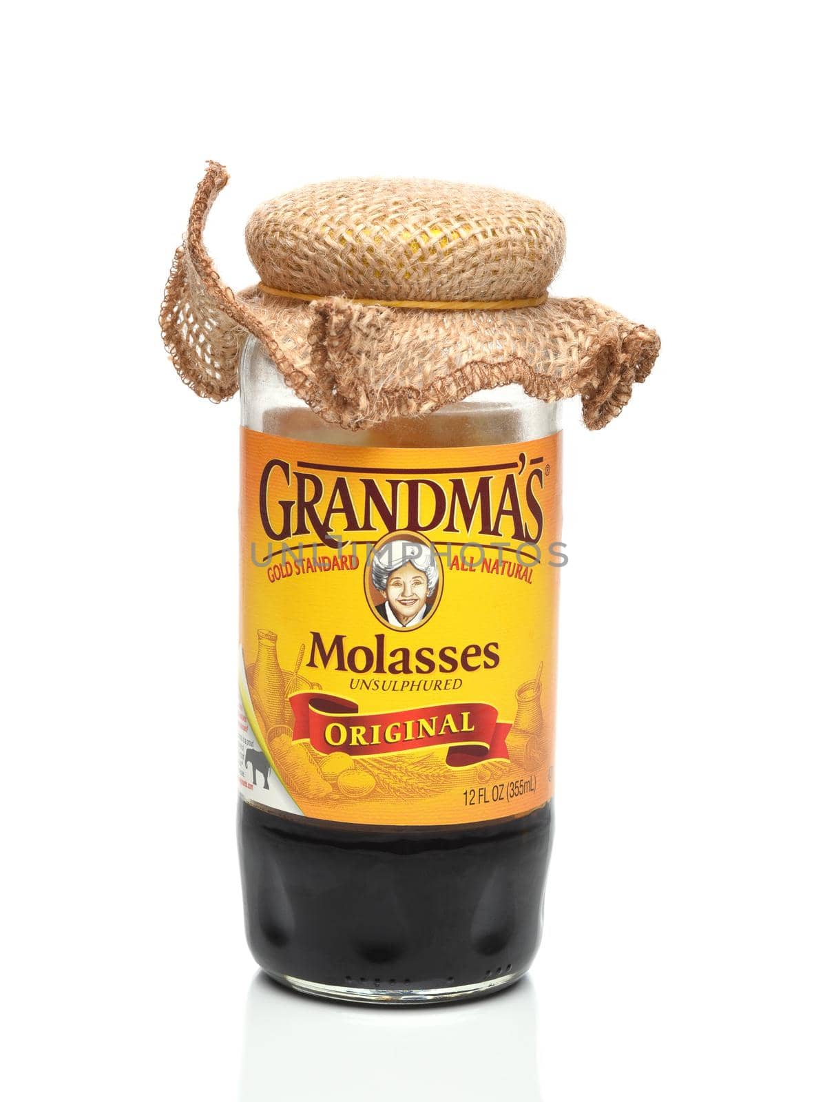 IRVINE, CALIFORNIA - 16 MARCH 2020:  A jar of Grandmas Molasses with traditional burlap top. 