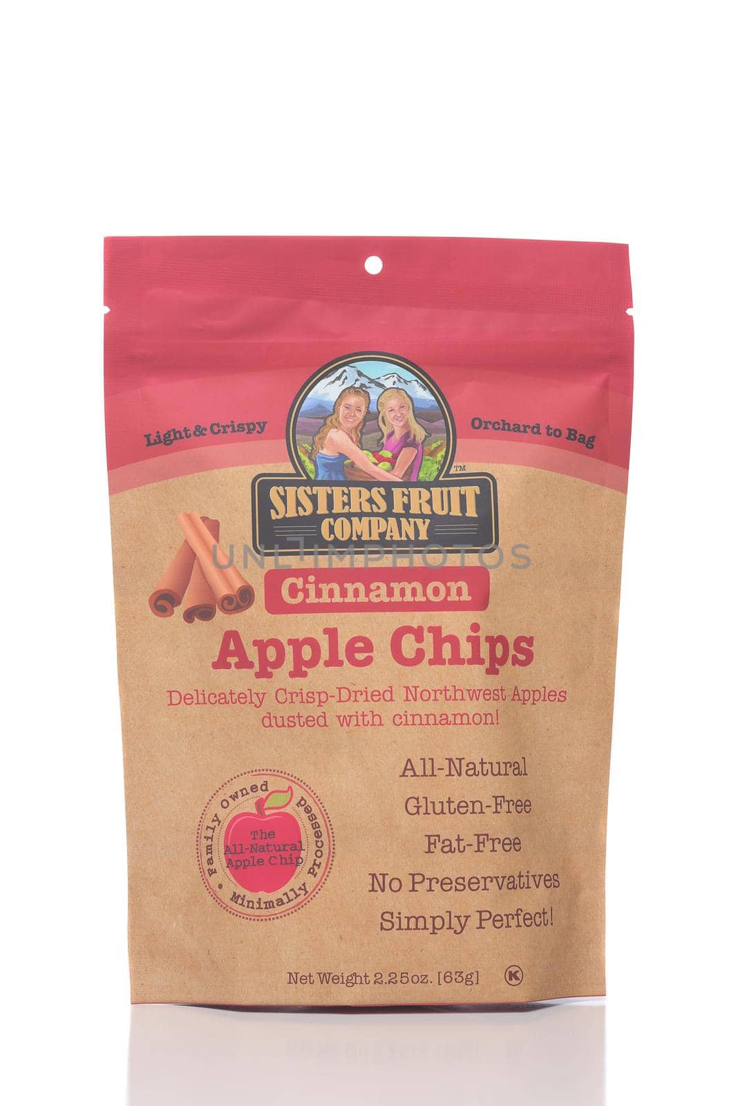 IRVINE, CALIFORNIA - 28 MAY 2021: A bag of Cinnamon Apple Chips,  from the Sisters Fruit Company.