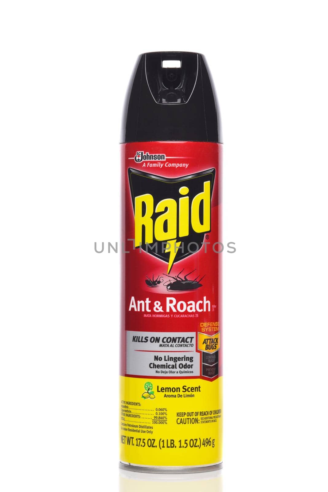 IRVINE, CALIFORNIA - 4 OCT 2019: An aerosol can of Raid Ant and Roach insecticide, from SC Johnson. 