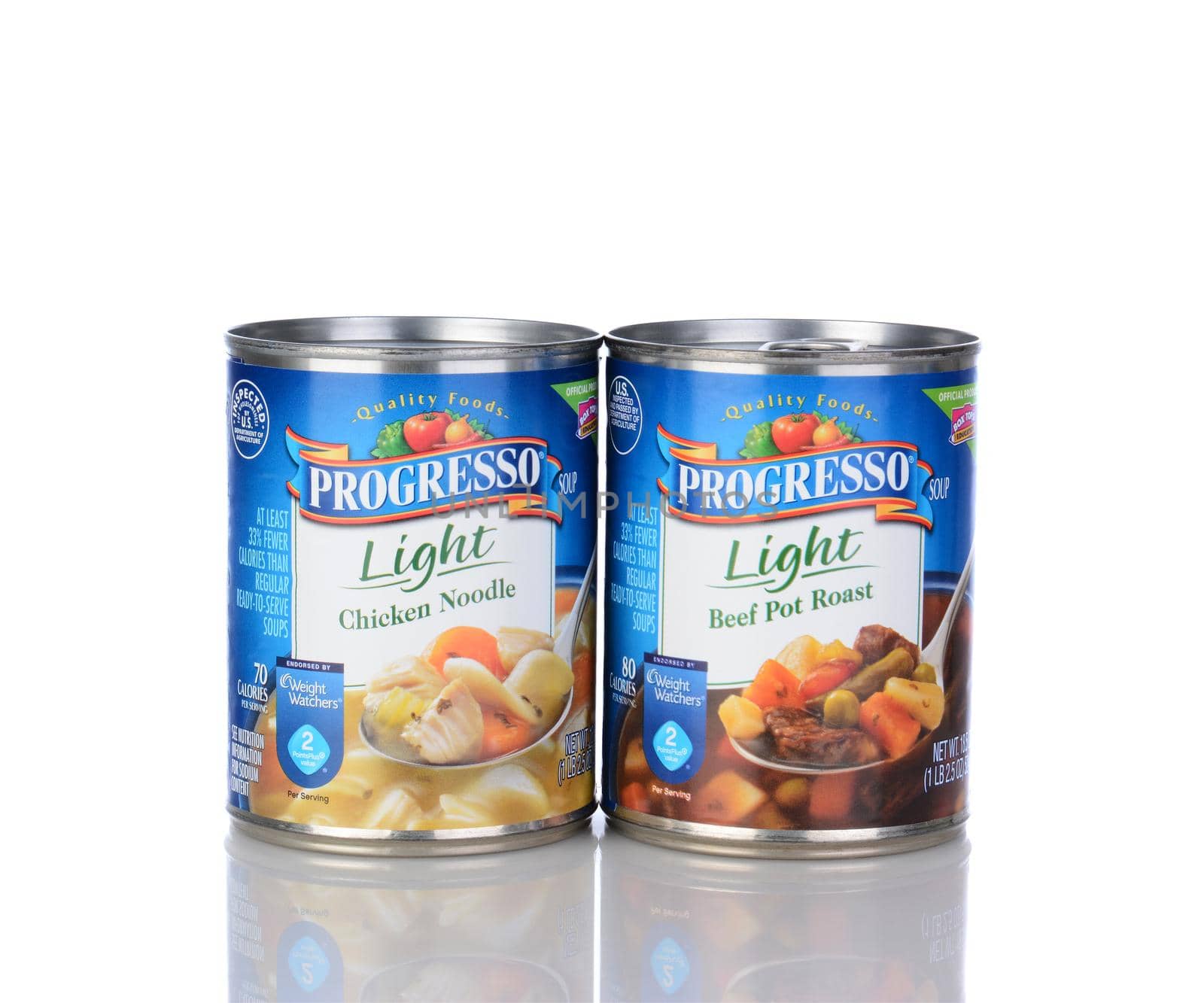 IRVINE, CA - January 05, 2014: A can of Progresso Light Beef Pot Roast Soup and Chicken Noodle. Progresso, owned by General Mills has been making soups for over 90 years.