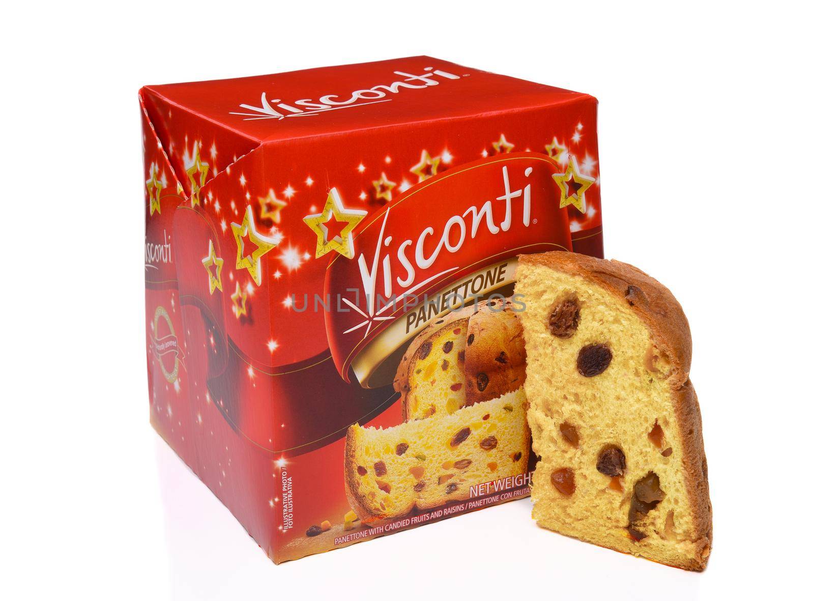 IRVINE, CALIFORNIA - DECENBER 17,M 2017: Visconti Panettone with wedge. An Italian sweet bread loaf  with candied fruits, usually prepared for Christmas and New Year.