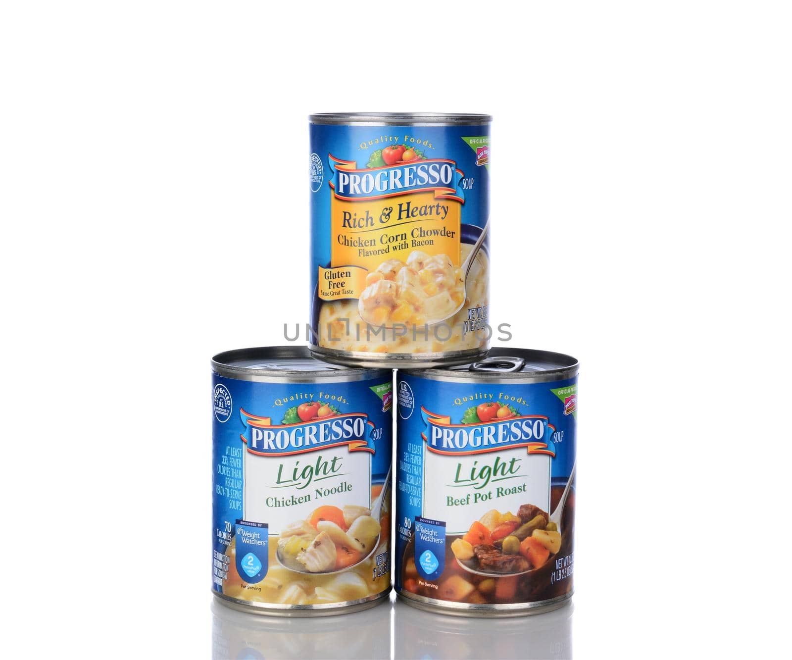IRVINE, CA - January 05, 2014: Three cans of Progresso Soups. Soups include Light Chicken Noodle, Light Beef Pot Roast and Rich & Hearty Chicken Corn Chowder.  