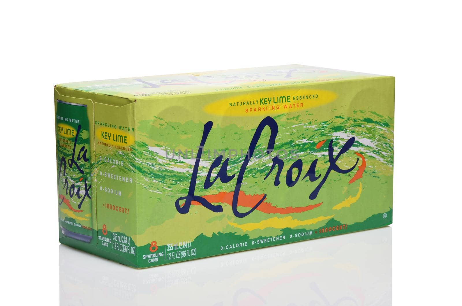 IRVINE, CALIFORNIA - 20 DEC 2019:  An 8 pack package of La Croix Key Lime Sparkling Water.