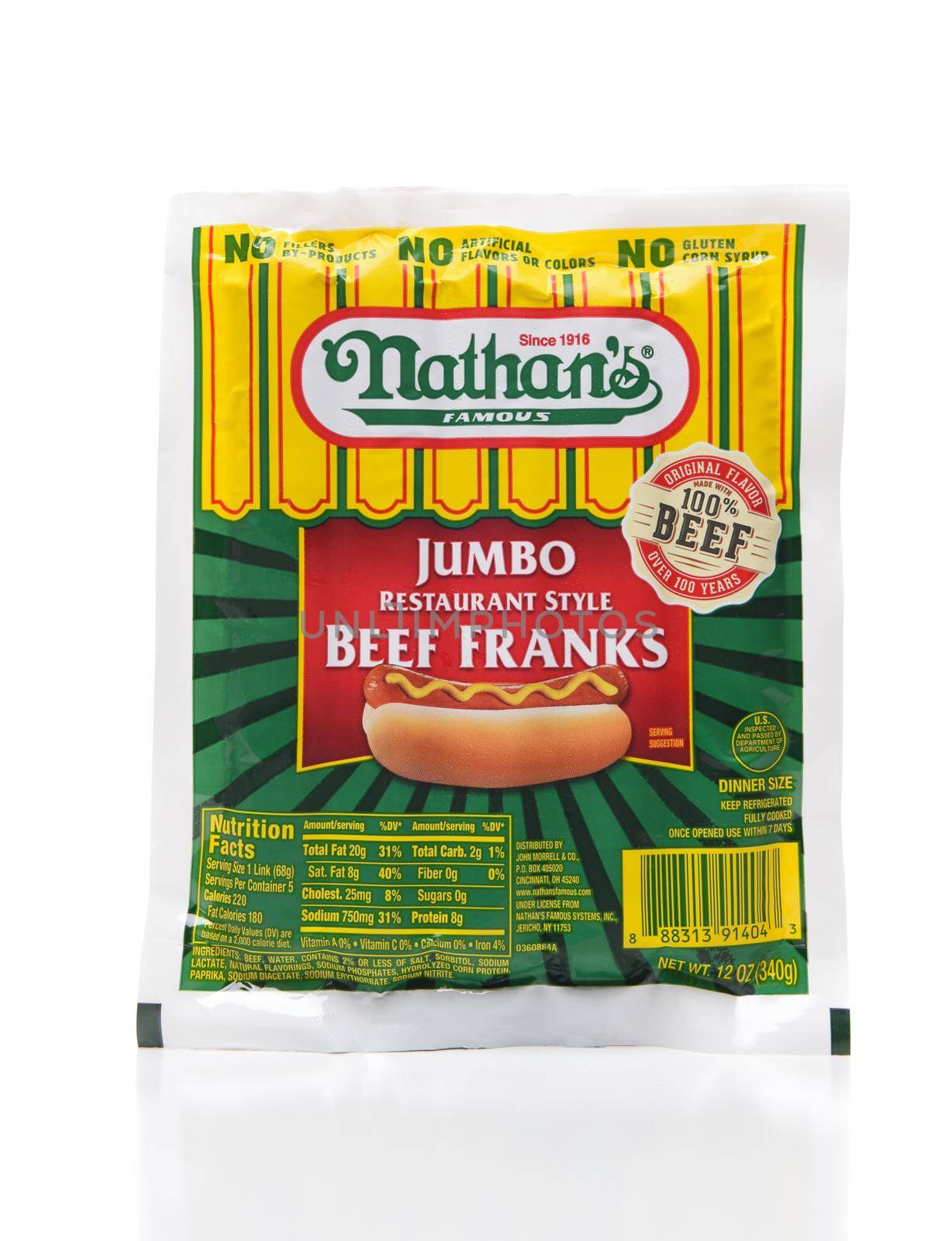 IRVINE, CALIFORNIA - AUGUST 30, 2019: A package of Nathans Jumbo Restaurant Style Beef Franks. by sCukrov