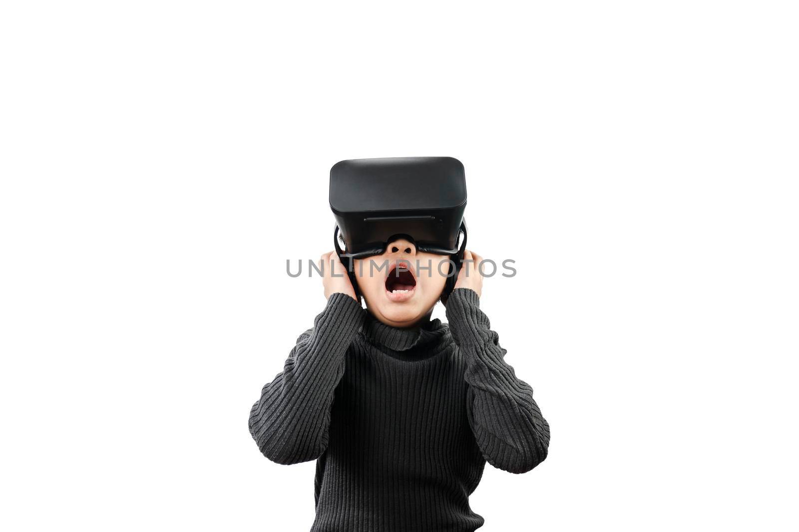 Asian boy wearing VR glasses headset on background. by wattanaphob