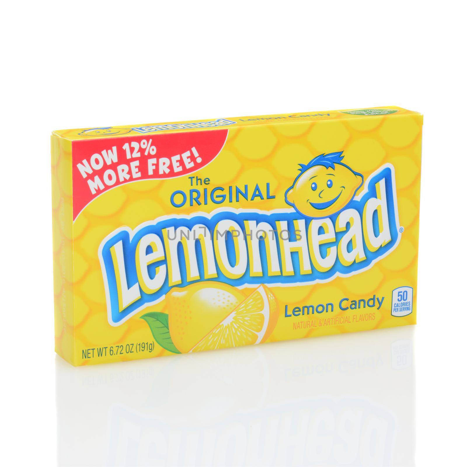 IRVINE, CALIFORNIA - DECEMBER 12, 2014: A box of Lemonhead Candy. Introduced in 1962 by the Ferrara Candy Company Lemonheads are a round lemon flavored candy.