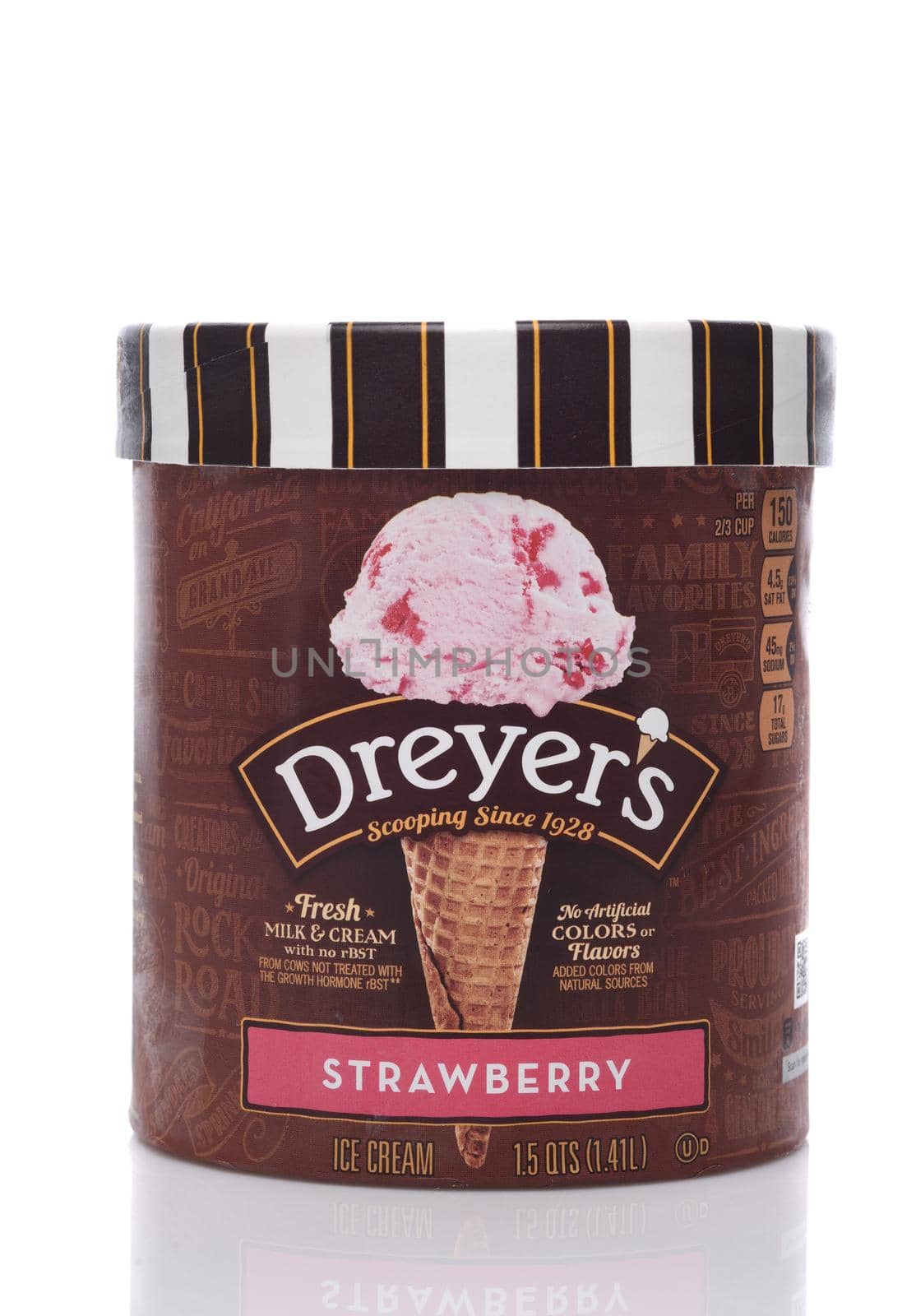 IRVINE, CALIFORNIA - 26 APRIL 2020:  A Carton of Dreyers Strawberry Ice Cream, isolated on white with reflection. 