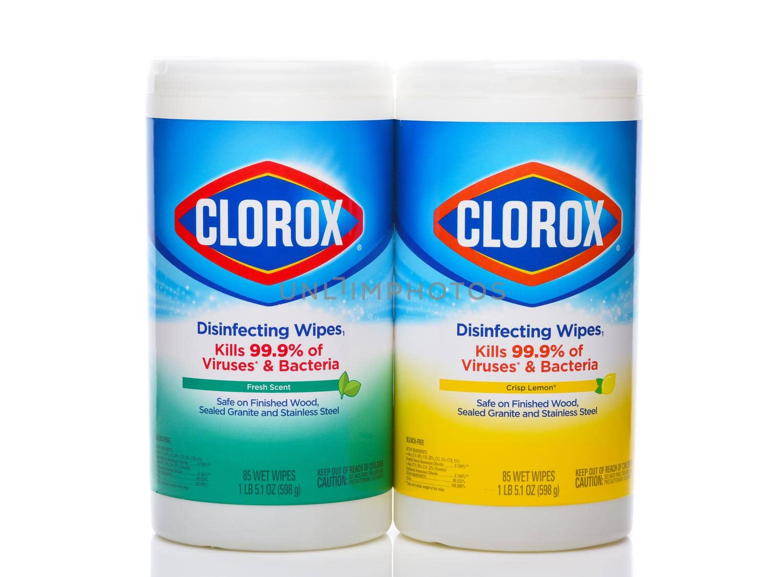 IRVINE, CALIFORNIA - 26 APRIL 2020:  Two Packages of Clorox Disinfecting Wipes, Fresh Scent and Crisp Lemon, to kill Bacteria and Viruses.