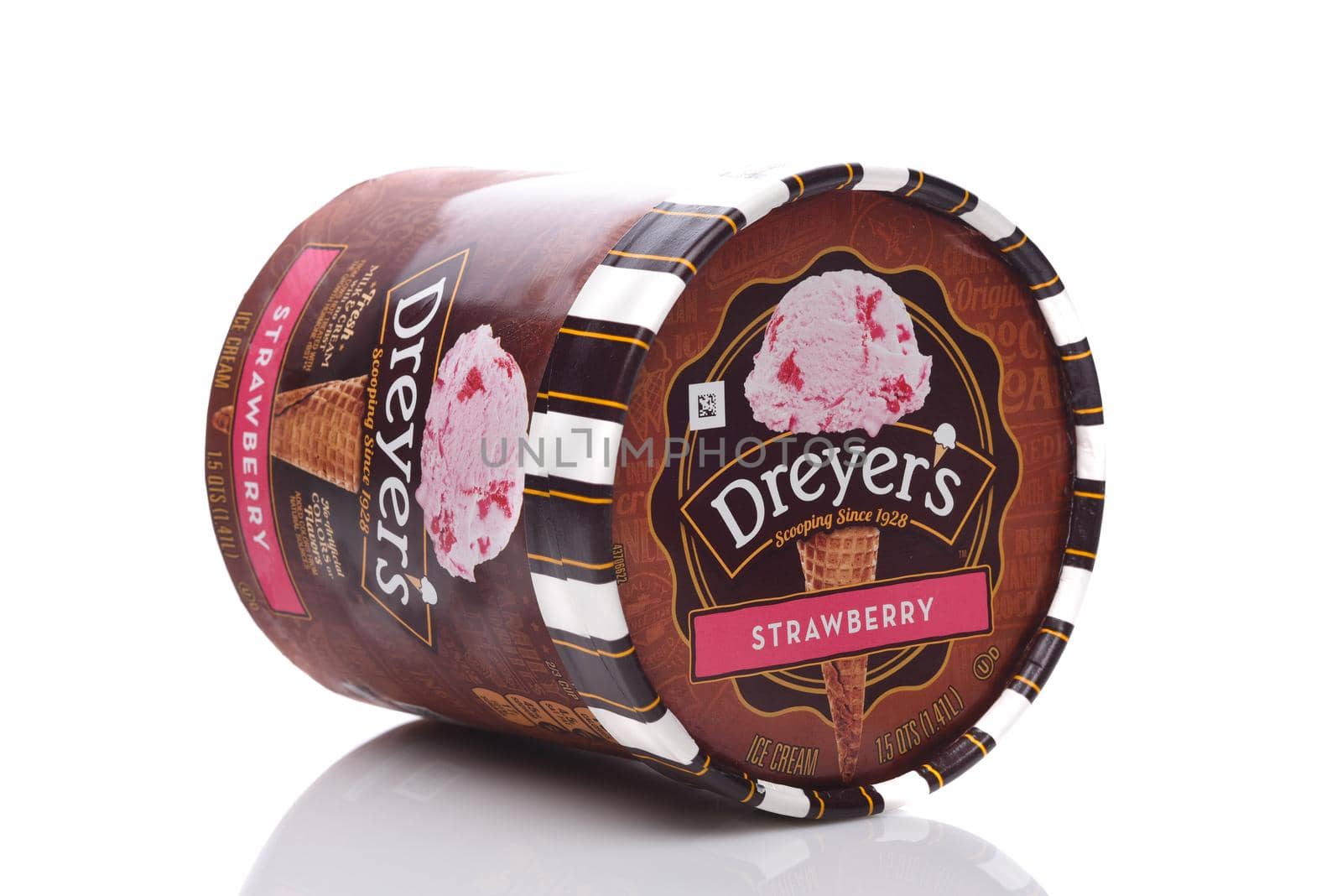 IRVINE, CALIFORNIA - 26 APRIL 2020:  A Carton of Dreyers Strawberry Ice Cream, on it side isolated on white with reflection. 