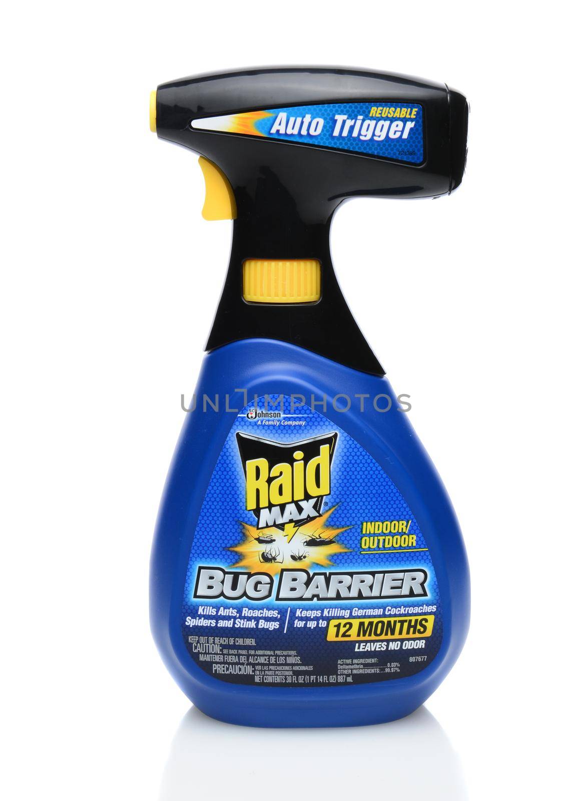IRVINE, CA - SEPTEMBER 15, 2014: A bottle of Raid Max Bug Barrier. Raid is the brand name of a line of insecticide products produced by S. C. Johnson & Son, first launched in 1956. 