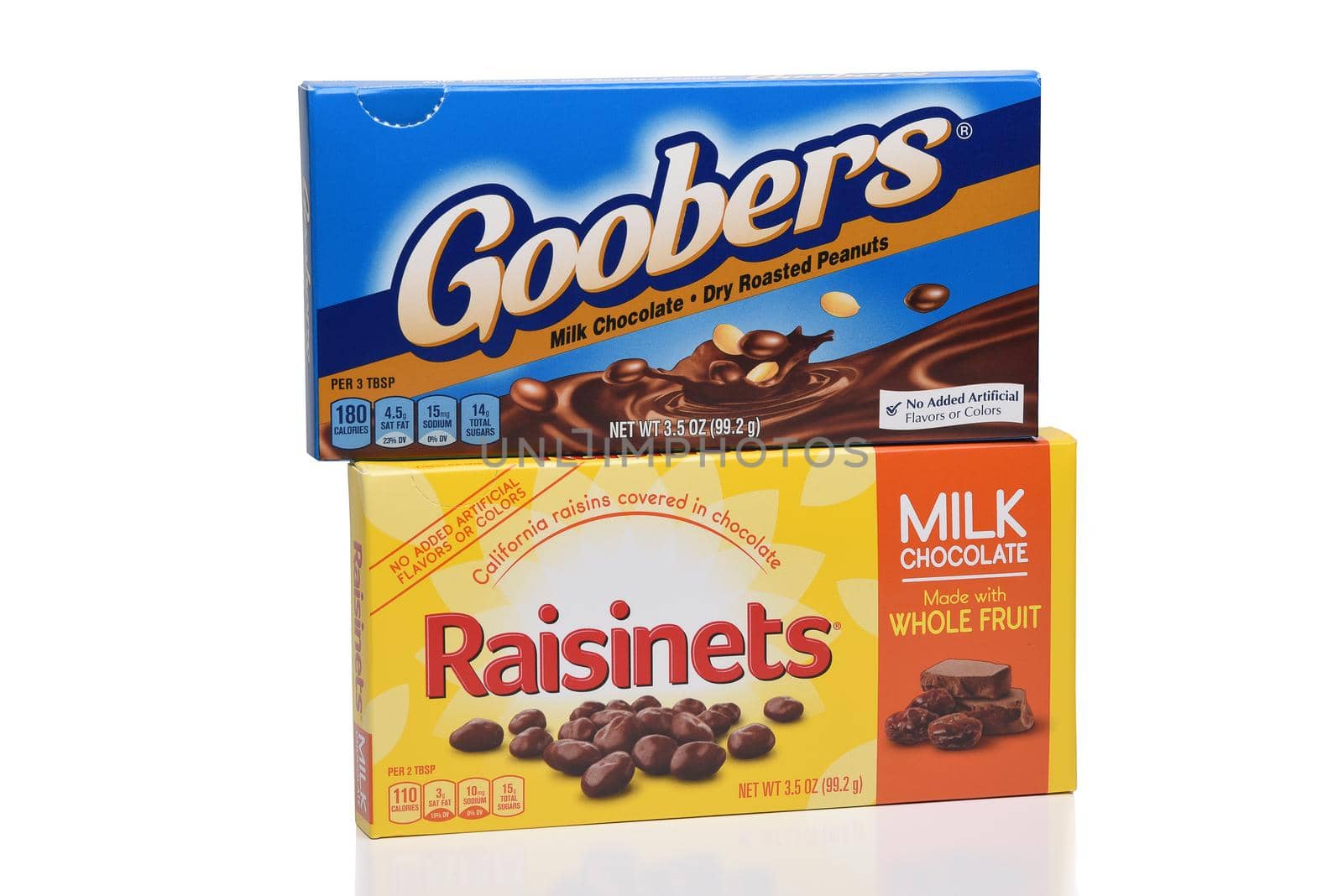 IRVINE, CALIFORNIA - 16 JUNE 2020: A box of Goobers chocolate covered peanuts and a box of Raisinets, chocolate covered raisins.