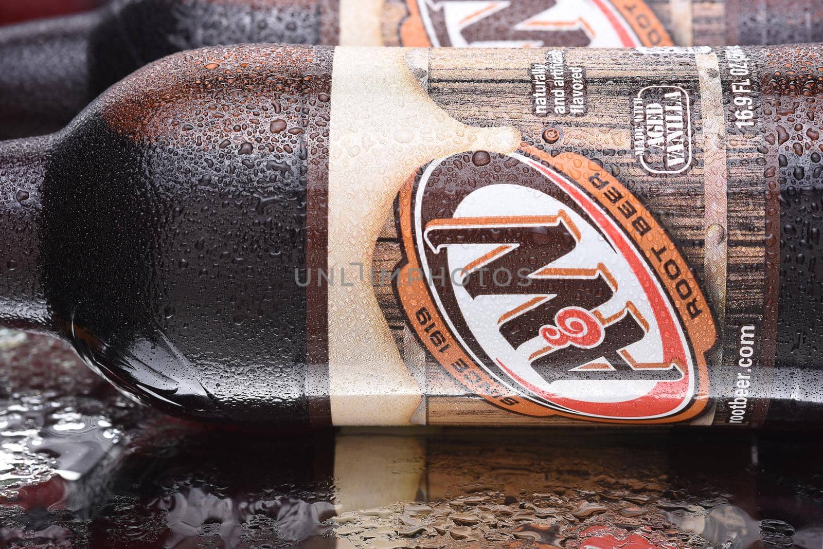 IRVINE, CALIFORNIA - MARCH 10,  2018: A and W Root Beer bottles closeup. Owned by Dr Pepper Snapple Group and distributed by the Coca-Cola Company in the USA.