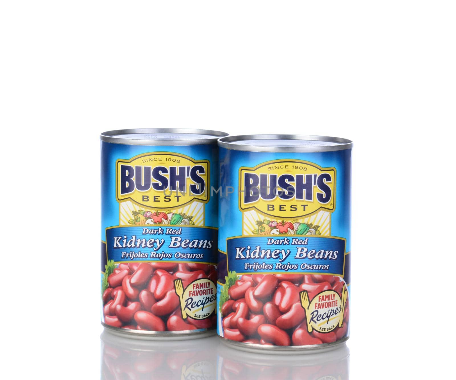 IRVINE, CA - January 05, 2014: Two cans of Bushs Dark Red Kidney Beans. Bush's has been canning beans since 1908, currently with a product line of over 40 items.