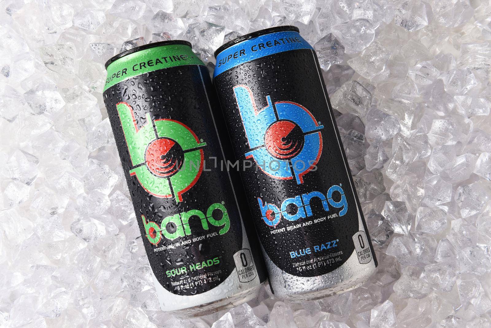 IRVINE, CALIFORNIA - OCTOBER 23, 2018: Two cans of Bang Energy Drink, a high caffeine workout type energy beverage from VPX Sports.