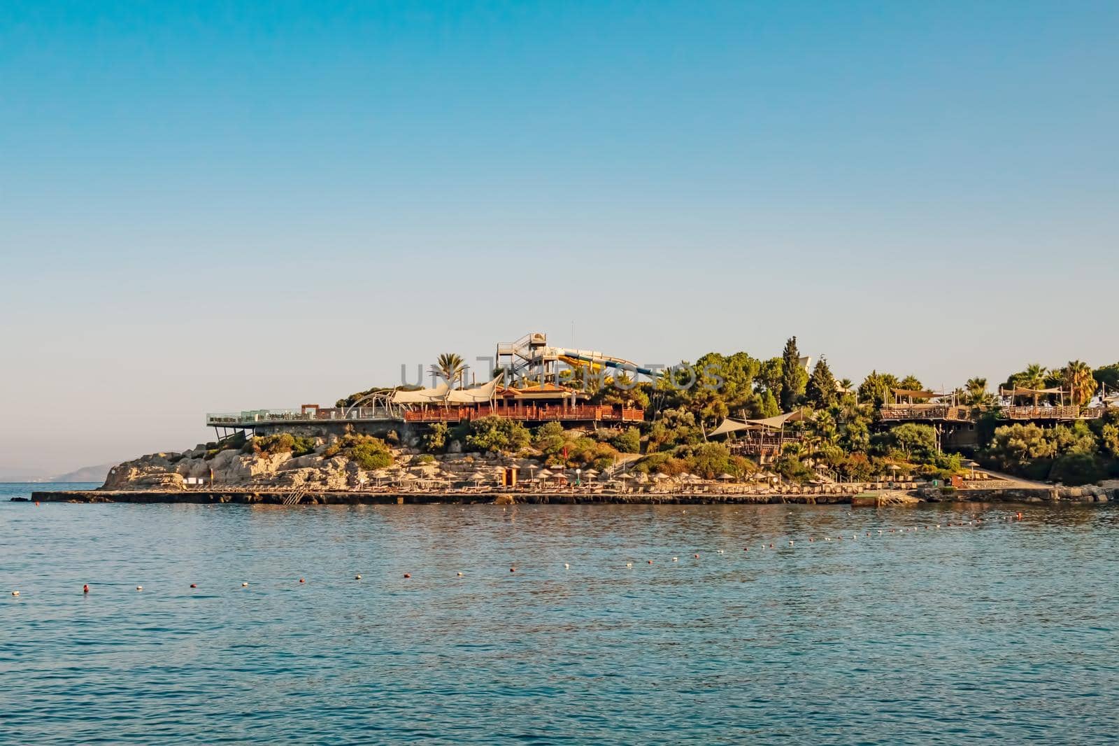 Kusadasi,Aydin,Turkey- July 25,2021.The view from Pinebay holiday village and resort in Kusadasi, in the sea and nature and summer sesason.